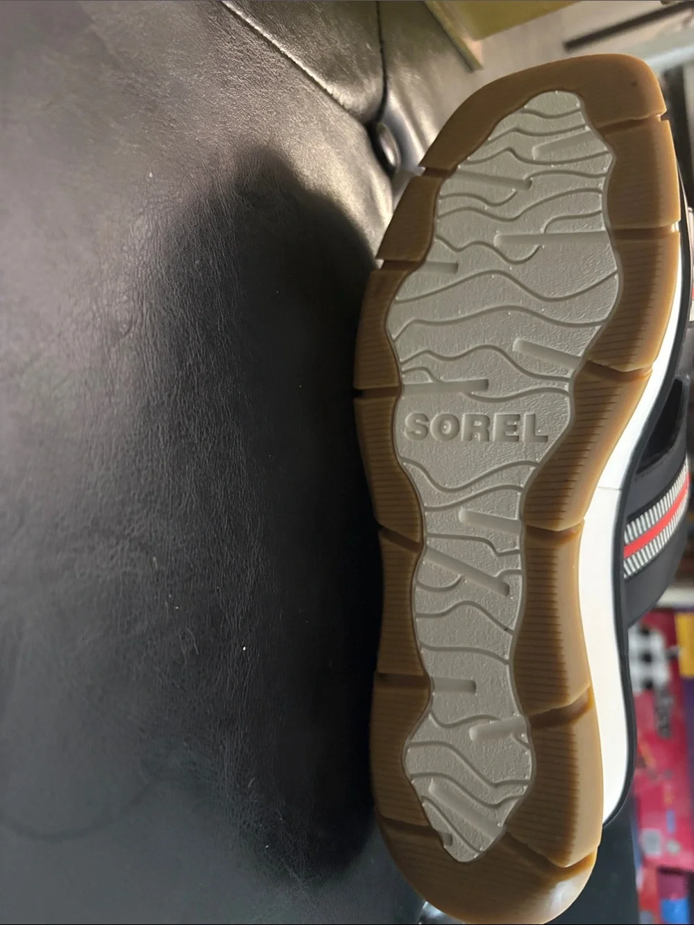 Sorel Black Slide Sandals with Red & White Stripes and Tan Sole